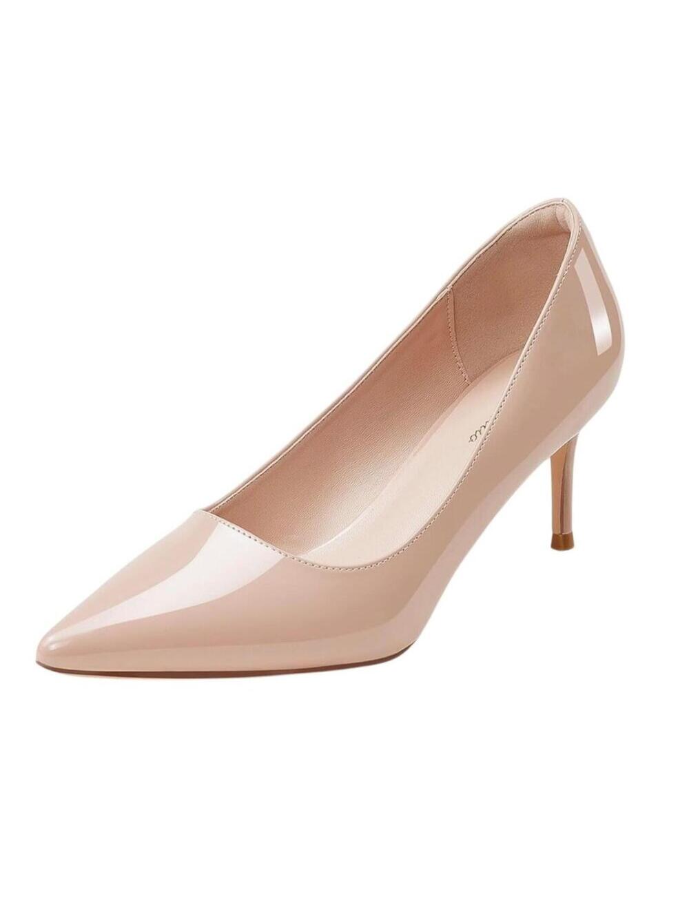 GENSHUO Nude Patent kitten heels shoes 9 2" Pointed Toe Pumps beige NWOT Prom